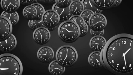 Animation of multiple clock moving on black backgorund