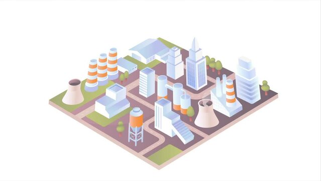 Industrial area video concept. Moving banner with pop up elements. Industrial production area with chimneys, warehouses, city buildings and storage tanks. Modern isometric graphic animated cartoon
