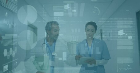 Animation of graphs and data over diverse female and male doctors walking in hospital