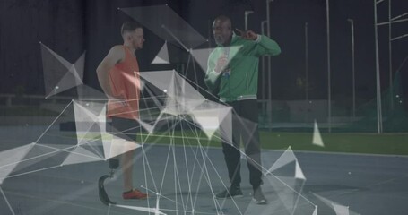 Animation of geometrical shapes over african american trainer and caucasian male with running blade - Powered by Adobe