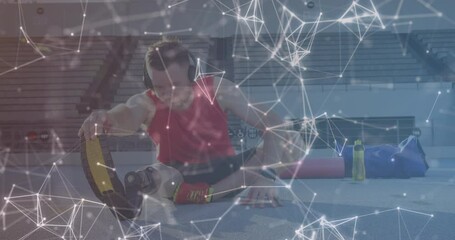 Animation of geometrical shapes over caucasian male with running blade stretching before training - Powered by Adobe