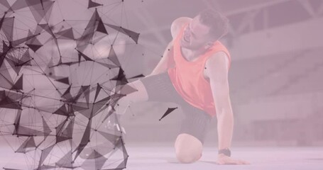 Animation of geometrical shapes over caucasian male with running blade suffering at training - Powered by Adobe