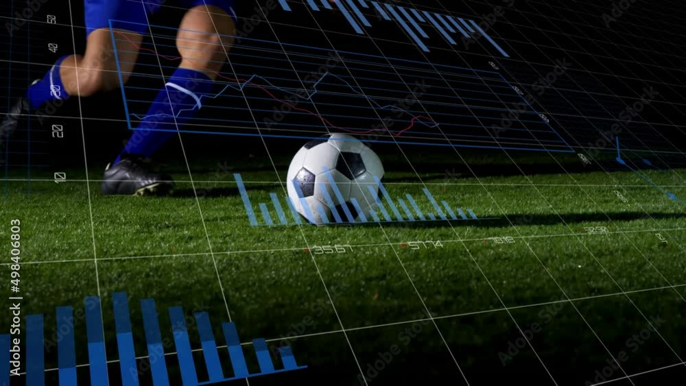 Poster animation of graphs and data over legs of caucasian soccer player at stadium