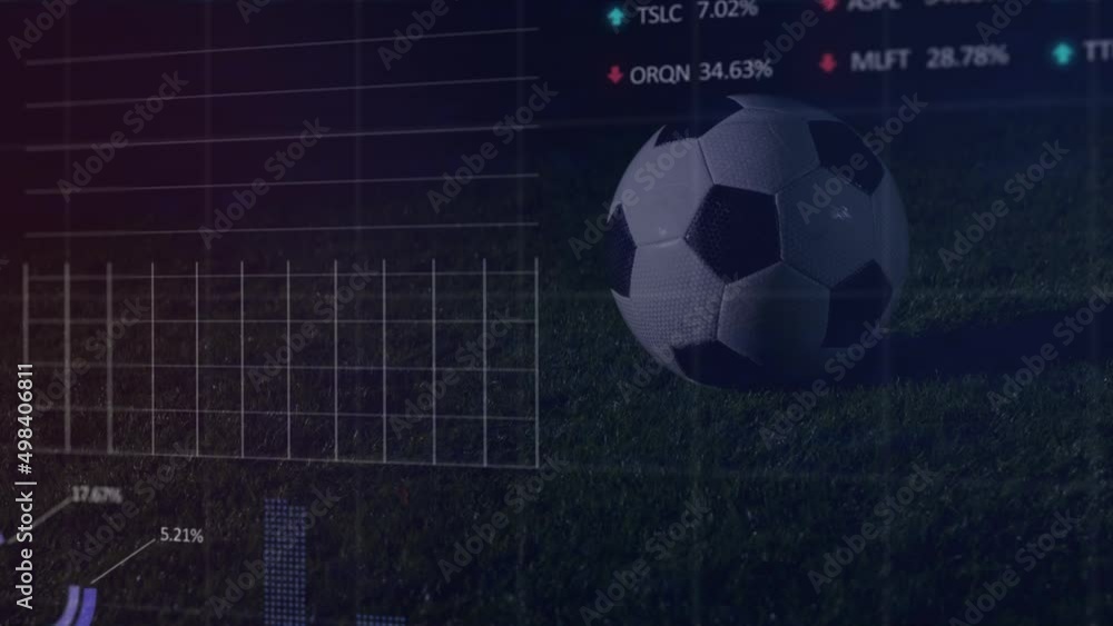 Poster animation of graphs and data over ball and legs of soccer player at stadium