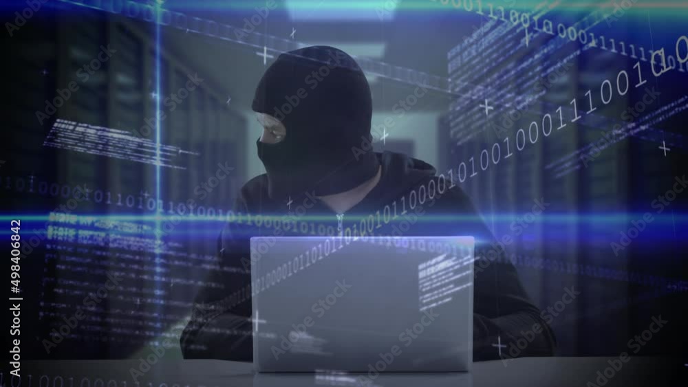 Poster animation of data processing over caucasian male computer hacker in balaclava using laptop