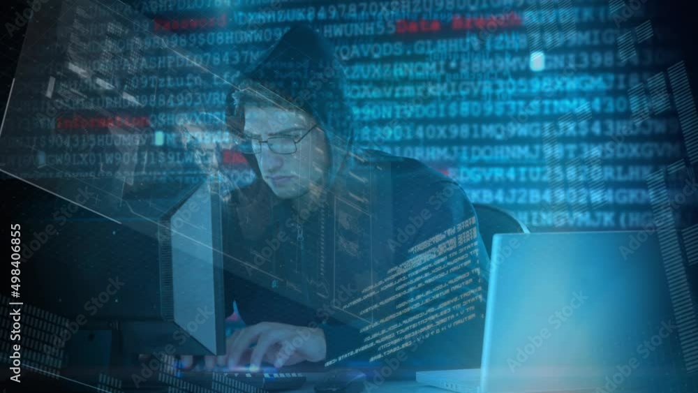 Aufkleber animation of data processing over caucasian male computer hacker in balaclava using computer