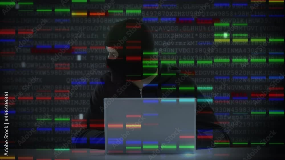 Poster animation of data processing over caucasian male computer hacker in balaclava using laptop
