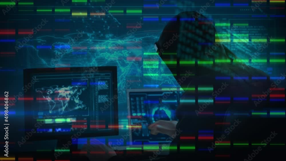 Poster animation of data processing over caucasian male computer hacker in balaclava using computer