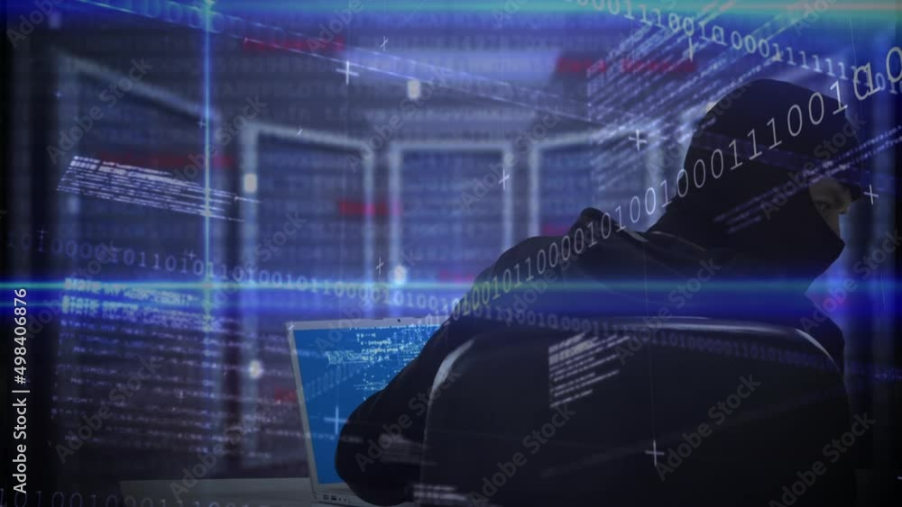 Poster animation of binary coding processing over caucasian male computer hacker in balaclava using laptop