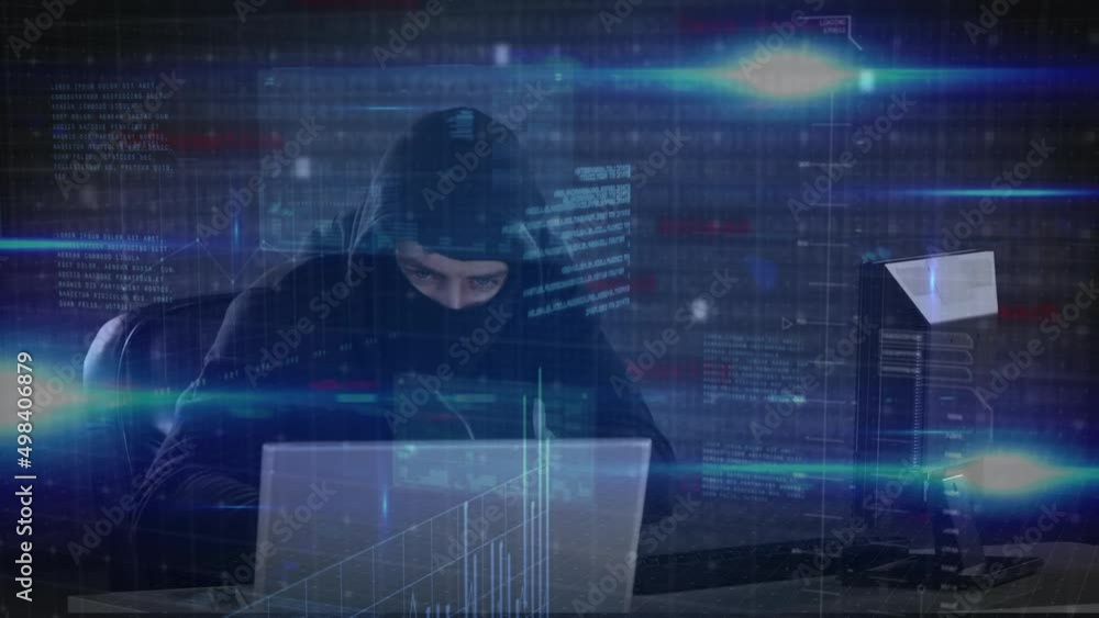 Poster animation of data processing over caucasian male computer hacker in balaclava using laptop