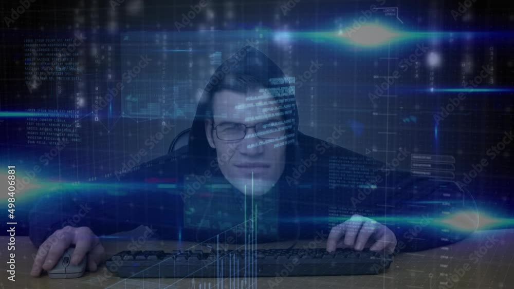 Poster animation of data processing over caucasian male computer hacker using computer keyboard