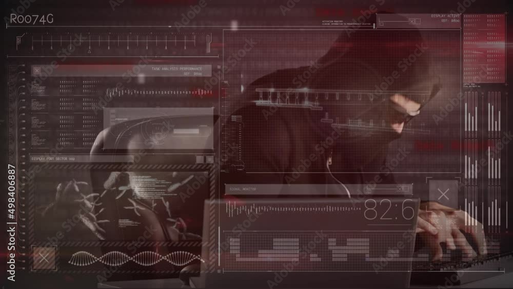 Poster animation of data processing over caucasian male computer hacker in balaclava using laptop