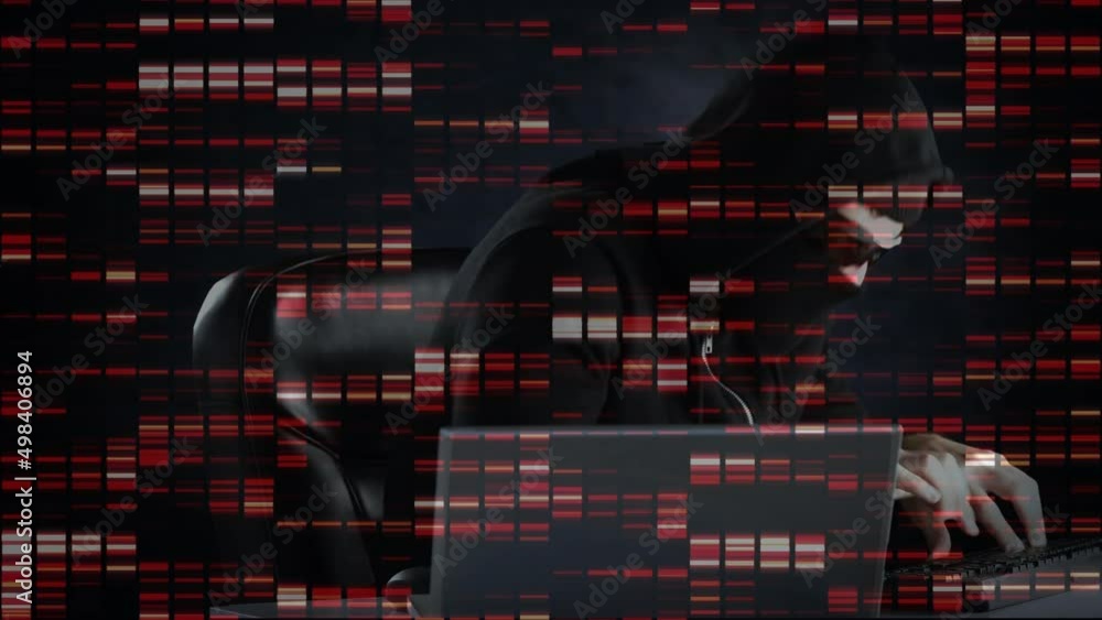 Poster animation of data processing over caucasian male computer hacker in balaclava using laptop