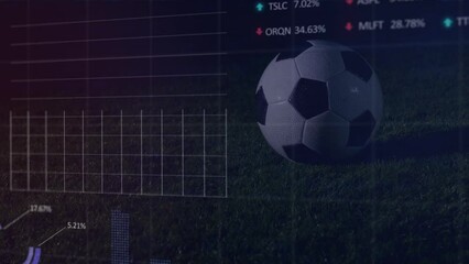 Animation of graphs and data over ball and legs of soccer player at stadium - Powered by Adobe