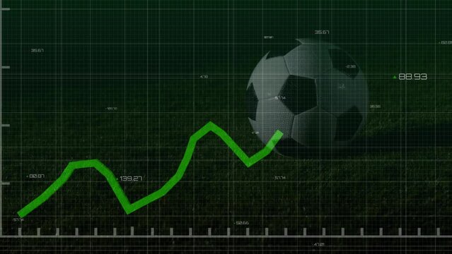 Animation of graphs and data over ball and legs of african american soccer player at stadium