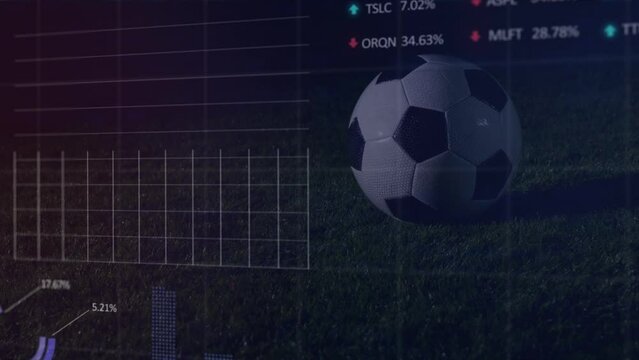 Animation of graphs and data over ball and legs of soccer player at stadium - Powered by Adobe