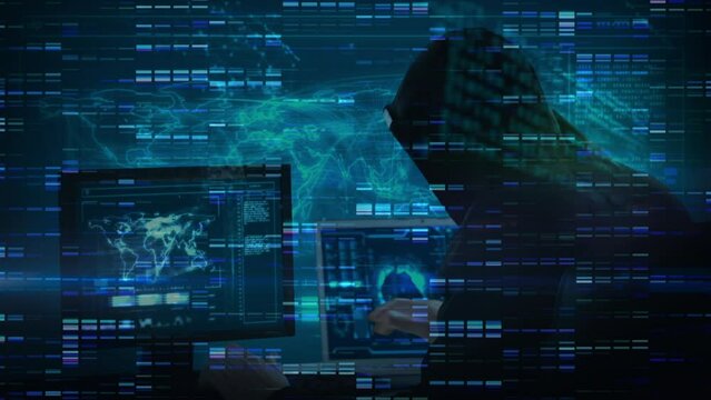 Animation of data processing over caucasian male computer hacker in balaclava using computers