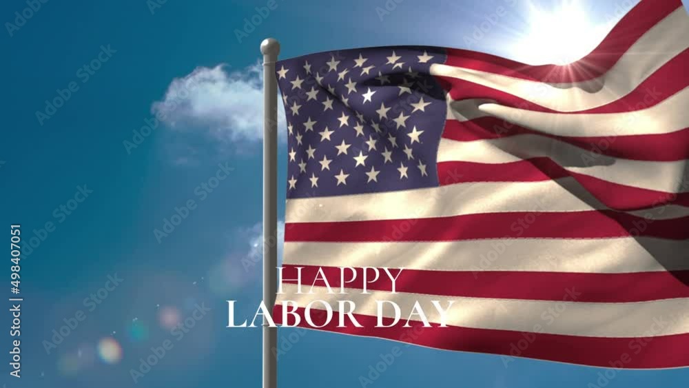 Poster animation of happy labor day text over flag of usa and clouds