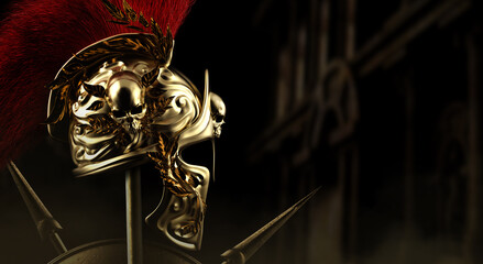 3d render illustration of spartan helmet golden engraved with skull and leaf branches on burning greek temple background.