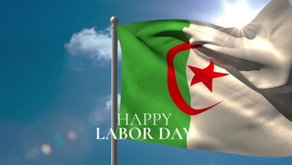 Animation of happy labor day text over flag of algeria and clouds - Powered by Adobe