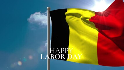 Animation of happy labor day text over flag of belgium and clouds - Powered by Adobe