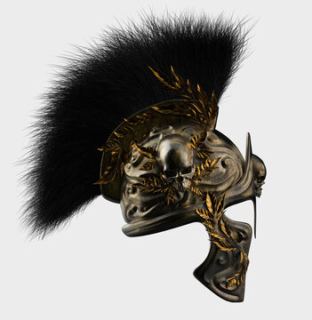 Isolated 3d render illustration of spartan helmet golden engraved with skull and leaf branches on white background.
