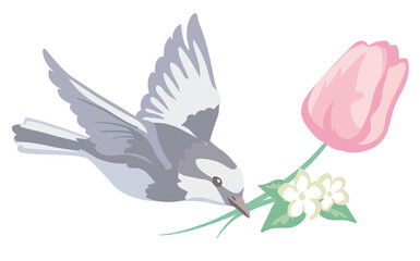 お花と鳥のカット。ベクターイラスト素材