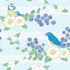 お花と鳥のシームレスパターン。ベクターイラスト素材