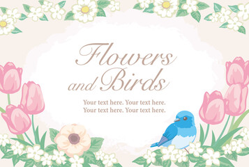 お花と鳥のフレーム。ベクターイラスト素材