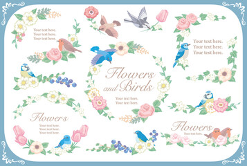お花と鳥のフレーム素材などのセット。ベクターイラスト素材