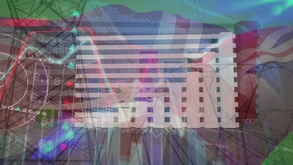 Animation of financial data, great britain flag over electricity poles - Powered by Adobe