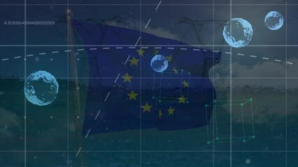Animation of connections, globes and european union flag over landscape with poles - Powered by Adobe