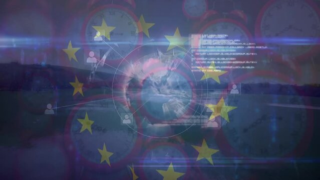 Animation of diverse data and european union flag over moving clocks
