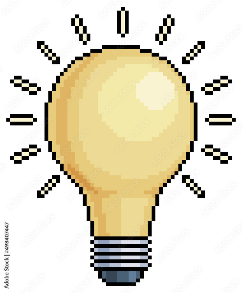 Poster pixel art lamp light bulb on vector icon for 8bit game on white background