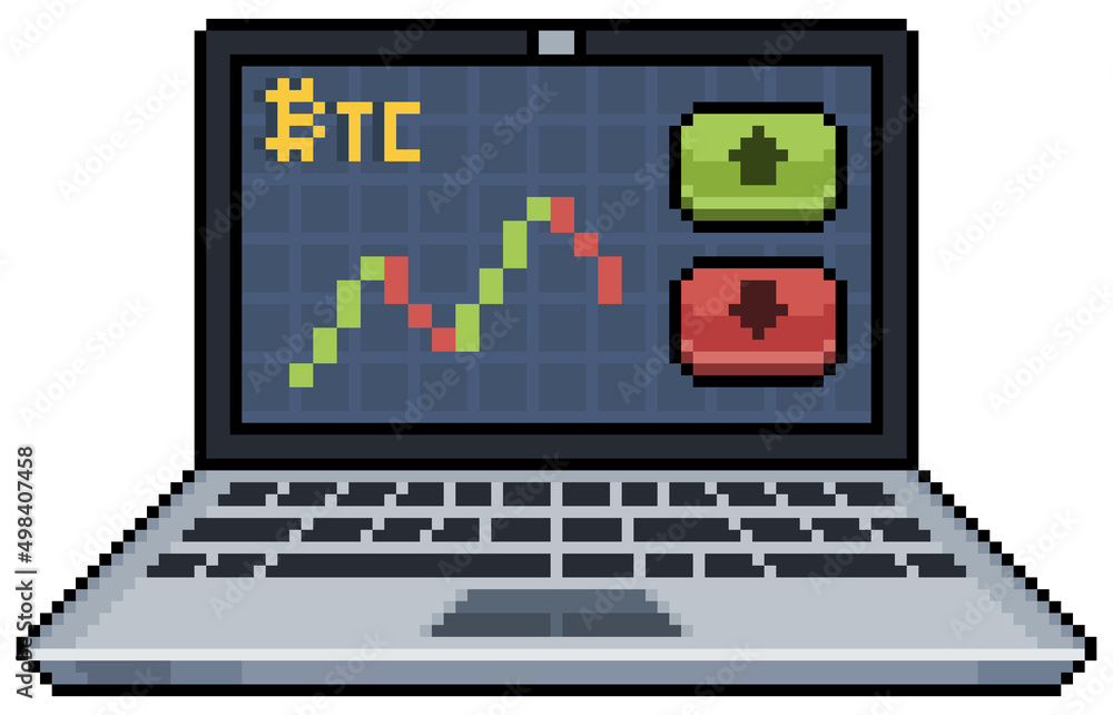 Poster pixel art bitcoin analysis, trading on notebook vector icon for 8bit game on white background