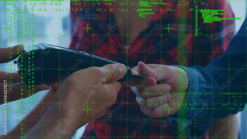 Poster animation of data processing over caucasian man paying with credit card