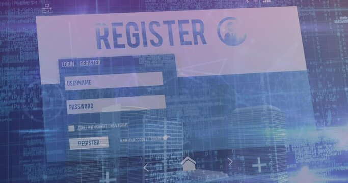 Animation of register card, icons and data processing over cityscape