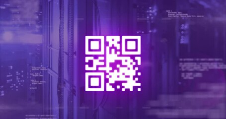 Animation of neon qr code with lines over data processing and server room - Powered by Adobe