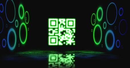 Animation of neon qr code with circles over black background