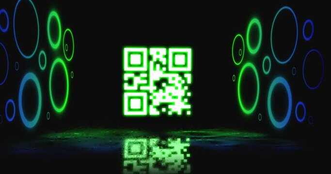 Animation of neon qr code with circles over black background