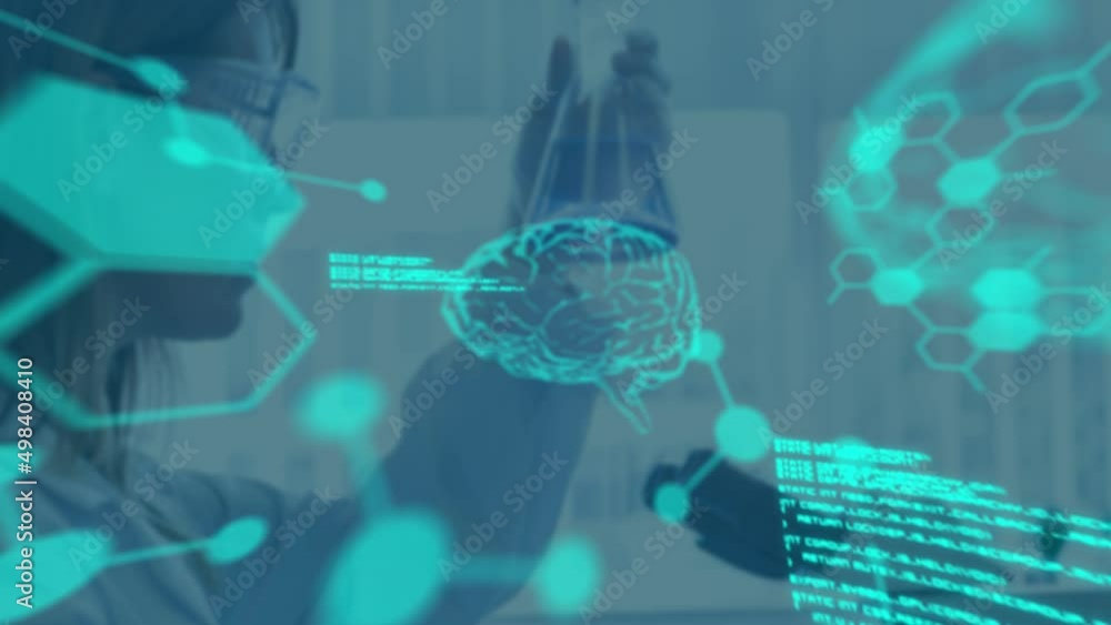 Poster animation of data processing and digital brain over caucasian female scientist