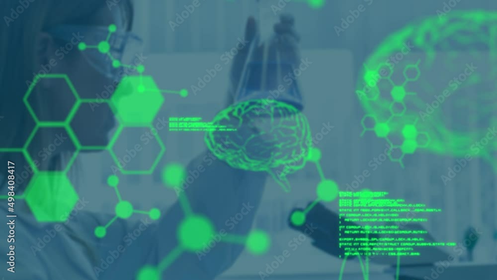 Poster animation of data processing and digital brain over caucasian female scientist
