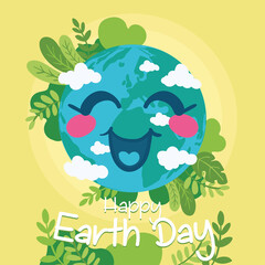 Cute earth planet cartoon with natural leaves Happy earth day Vector