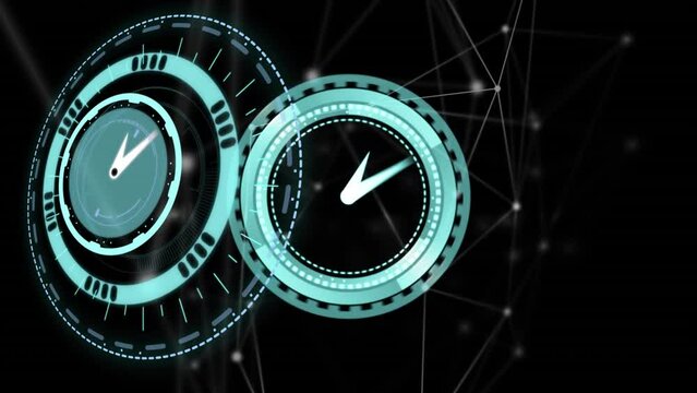 Animation of moving clock and scope scanning over network of connections on black background