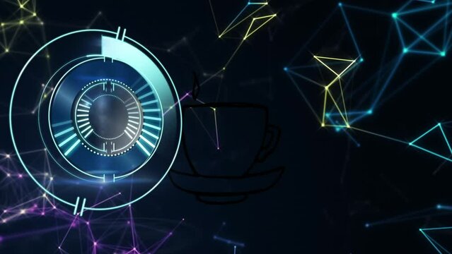 Animation of scope scanning and cup of coffee icon over network of connections on black background