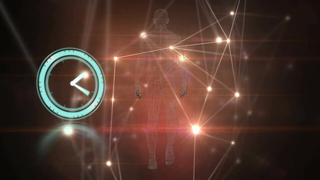 Animation of moving clock and human model over network of connections on black background