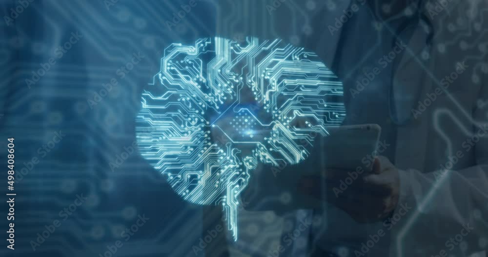 Poster Animation of brain with computer circuit board over diverse doctors