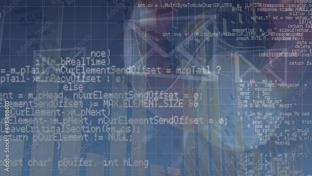 Poster animation of data processing and icons on blue background