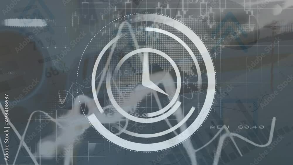 Poster animation of moving clock over data processing on white background