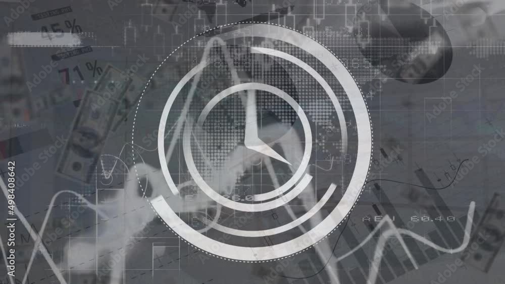 Poster animation of moving clock over data processing on white background